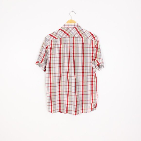 *Alfani Mens Beige & Red Plaid Short Sleeve Button Up - Picture 4 of 4